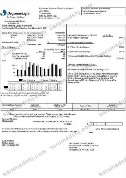 USA Pennsylvania Duquesne Light Company utility bill template in Word and PDF format